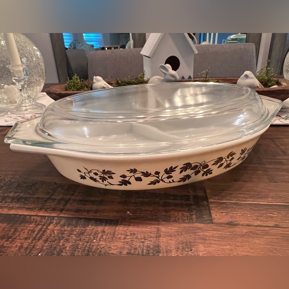 Vintage Pyrex Golden Acorns Divided Dish with Lid